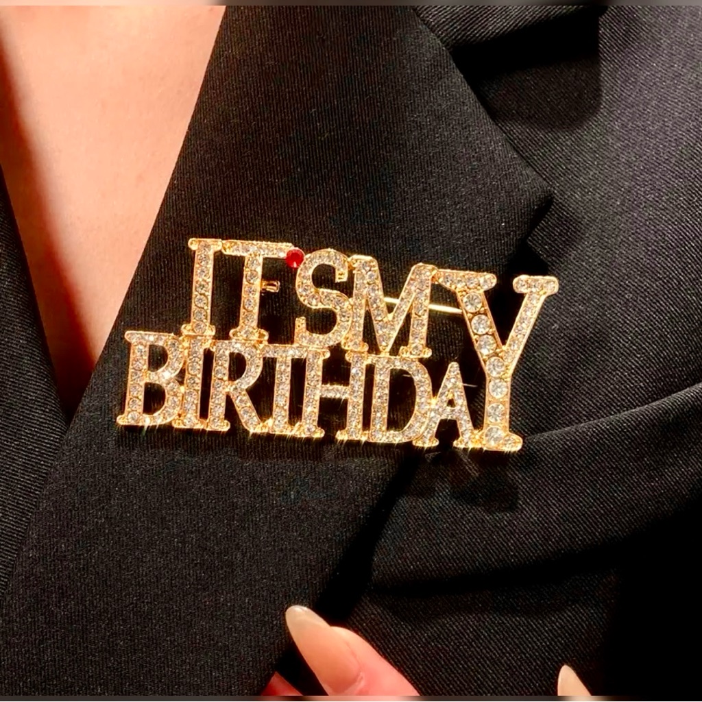 Gold-Tone 'It's My Birthday' Rhinestone Brooch